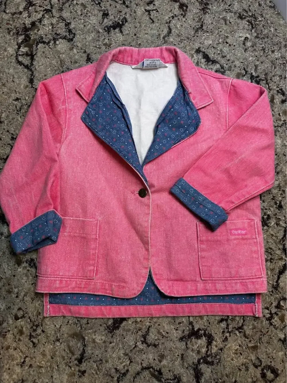 Vintage OshKosh B’Gosh Pink Denim Jacket Girls Made in USA Heart Print 4T